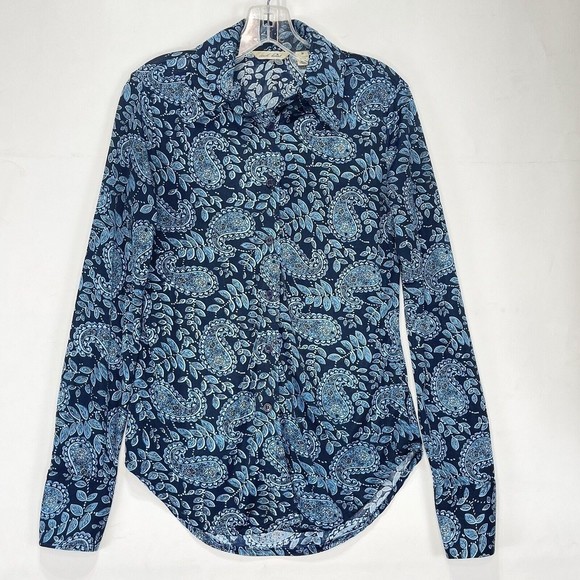 Derek Heart Womens Shirt M Blue Paisley Button Up Long Sleeve Polyester Retro - Picture 14 of 14